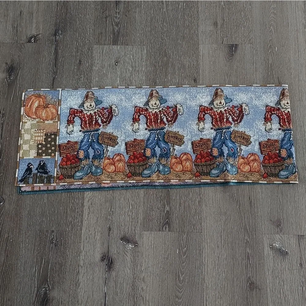 Fall Scarecrow Table Runner Tapestry Woven Autumn Farmhouse Country 70x13